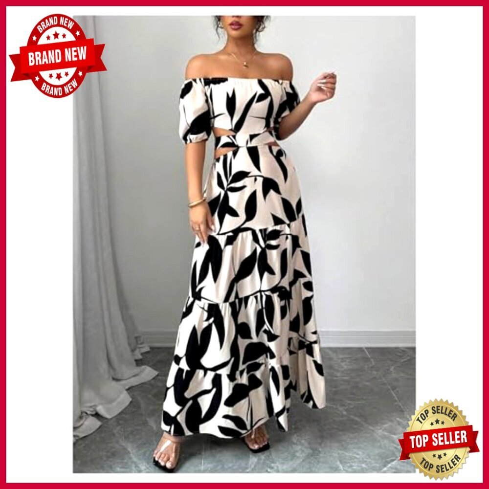 Off Shoulder Maxi Dress Cut Out Backless Ruffle Sleeve Shirred Summer Elegant - Picture 4 of 5